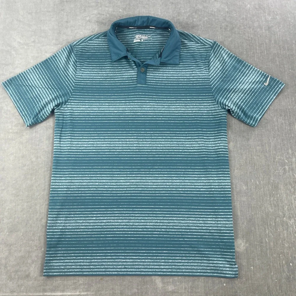 Nike Mens Medium Teal Striped Golf Polo Dri-FIT‎ Short Sleeve Shirt